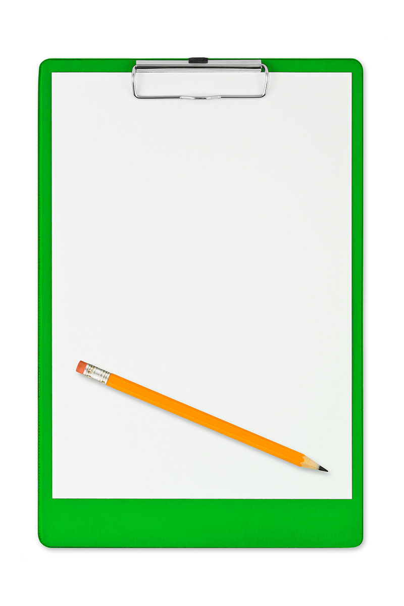 Green clipboard with paper and a pencil
