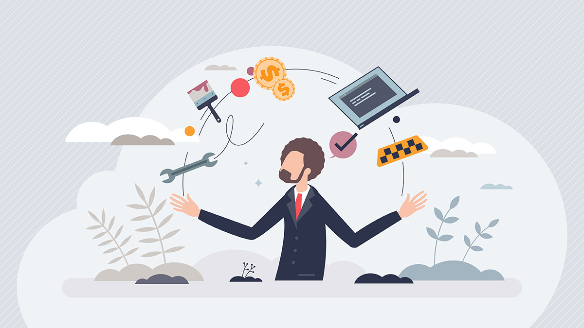 vector image of a man sitting at a desk juggling objects that represent multiple jobs